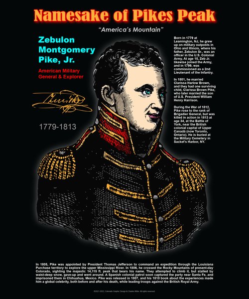 Zebulon Pike, namesake of Pikes Peak, illustrated poster design by Colorado Graphic Design
